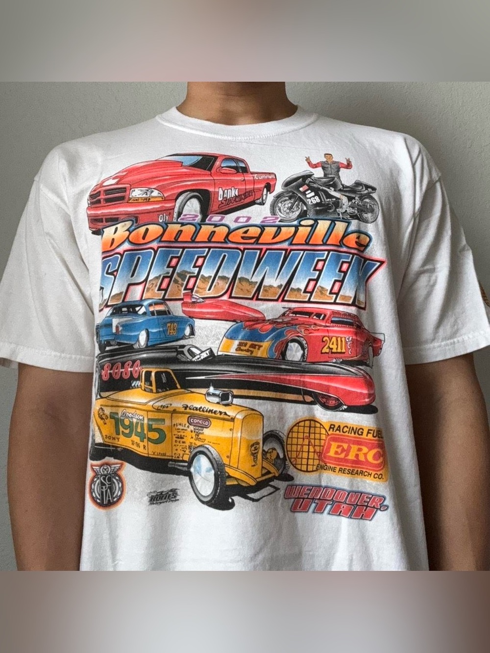 Vintage 2002 Bonneville Speedweek Racing AOP Graphics White Tee Shirt